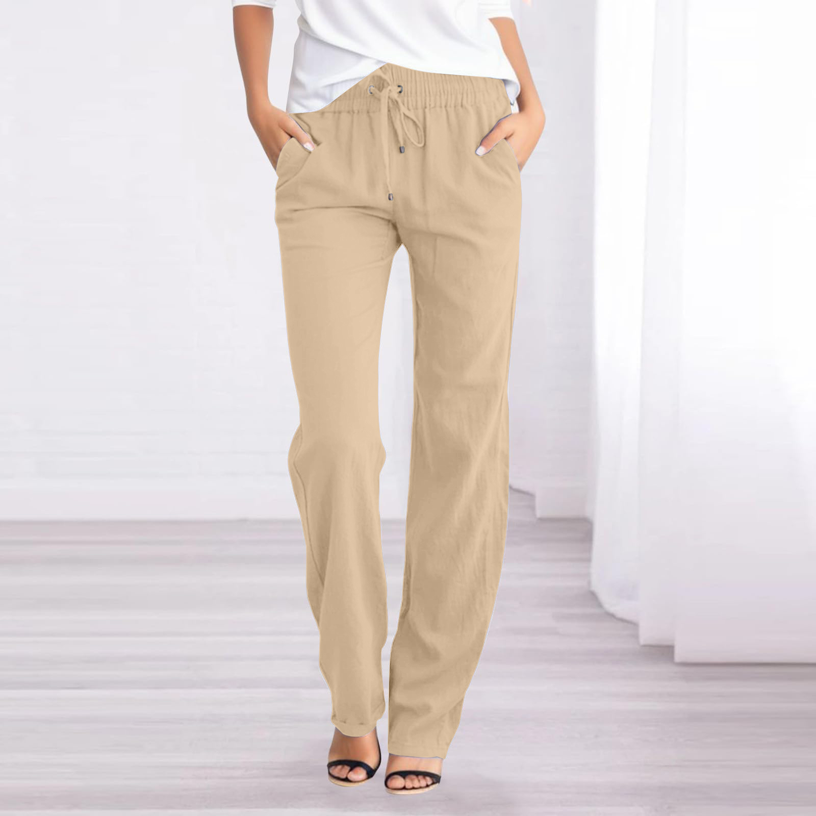 thumbnail image 2 of Pantalones rectos lisos de cintura alta para mujer - Pantalones casuales con cordón elástico - Pantalones largos con bolsillos, 2 of 5